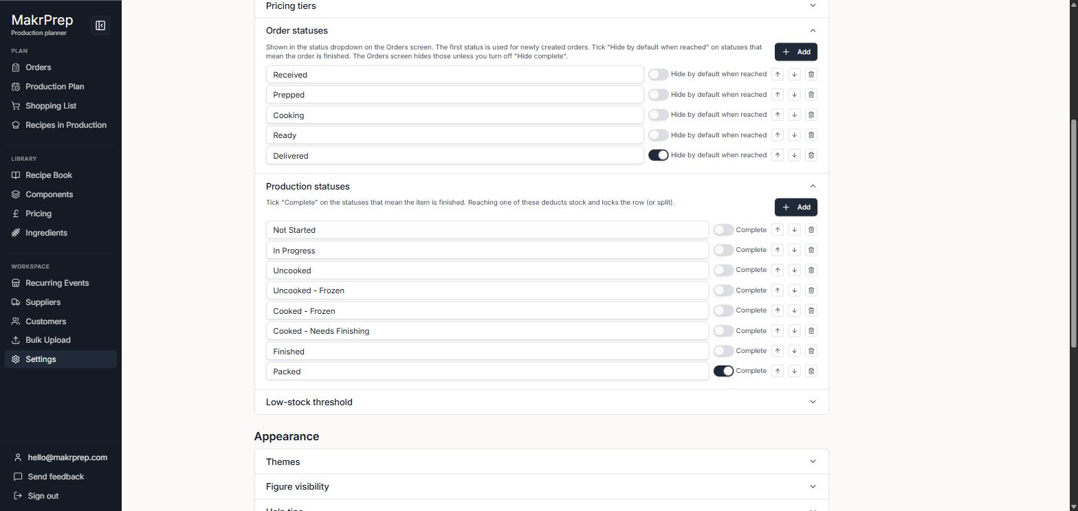 Settings → Pricing & Orders showing Order statuses (with 'Hide by default when reached' toggles) and Production statuses (with 'Complete' toggles) as two distinct lists