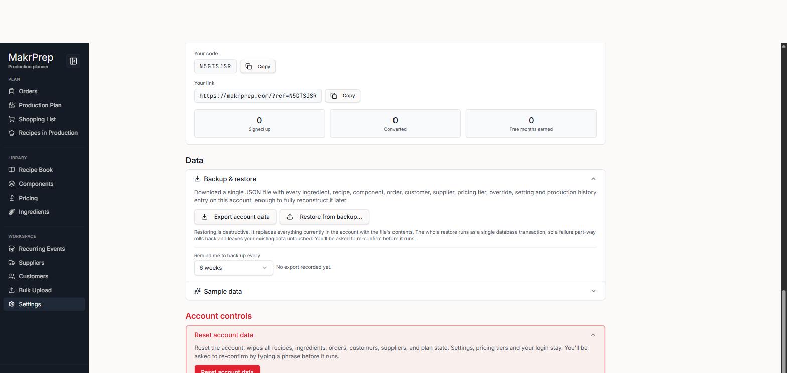 Settings → Data → Backup & restore, showing Export/Restore buttons, the restoring disclaimer, and the reminder-cadence field