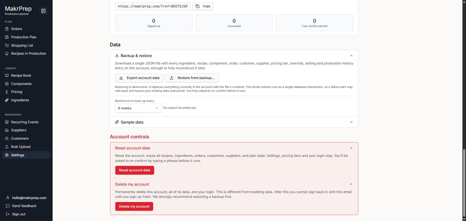 Settings → Account controls, showing 'Delete my account' expanded with its description and button, next to 'Reset account data'