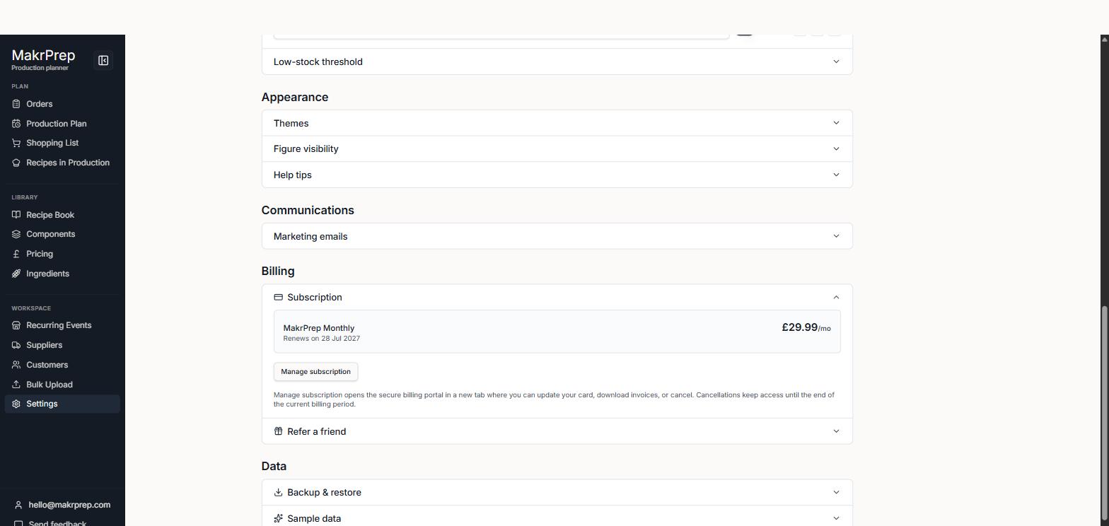 Settings → Billing showing the subscription summary (plan, renewal date, price) and 'Manage subscription' button