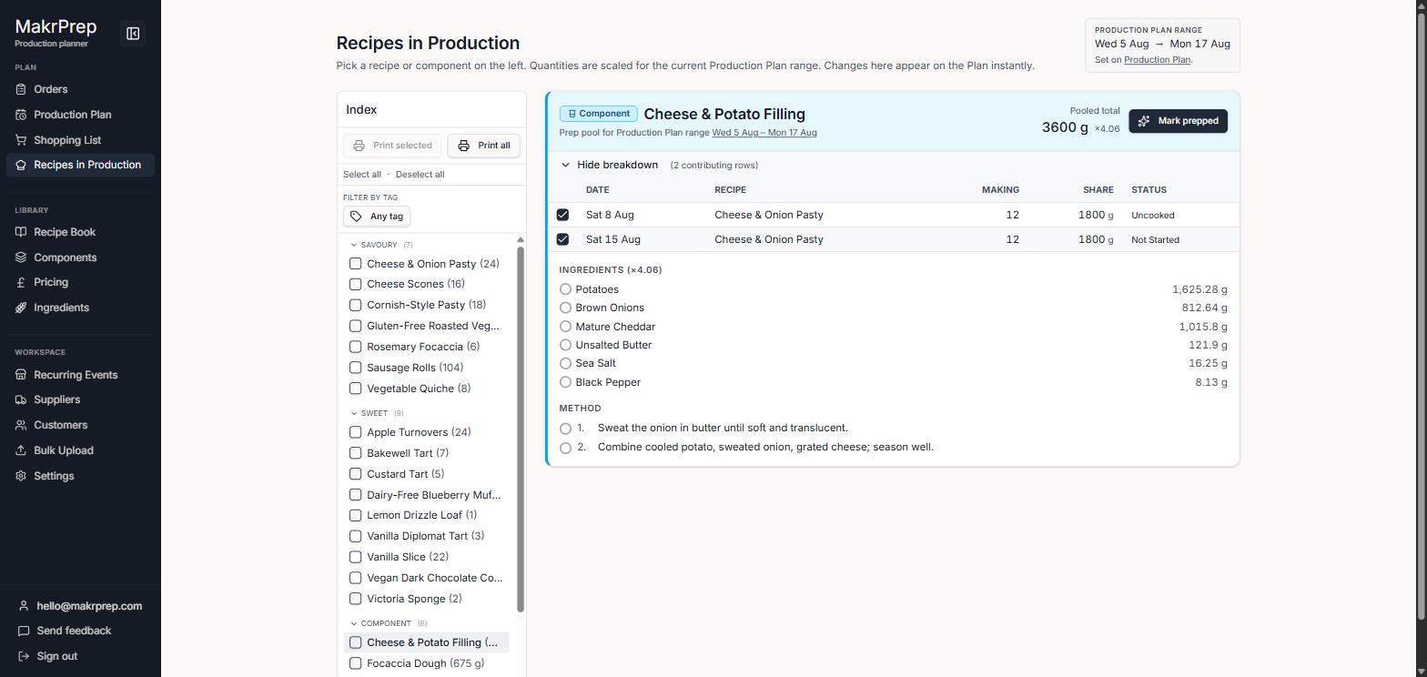 A component's pool card in Recipes in Production, showing pooled total, 'Mark prepped,' and the breakdown of contributing rows with their own checkboxes