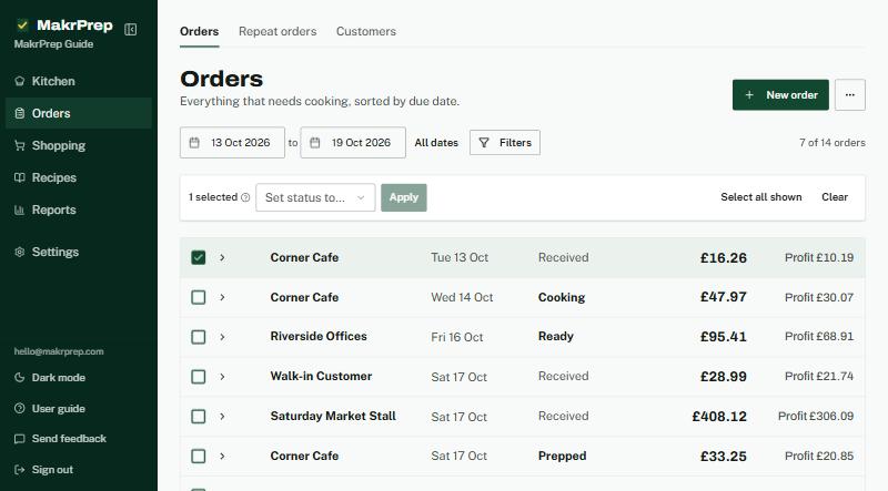 An order ticked, with Set status to and Apply