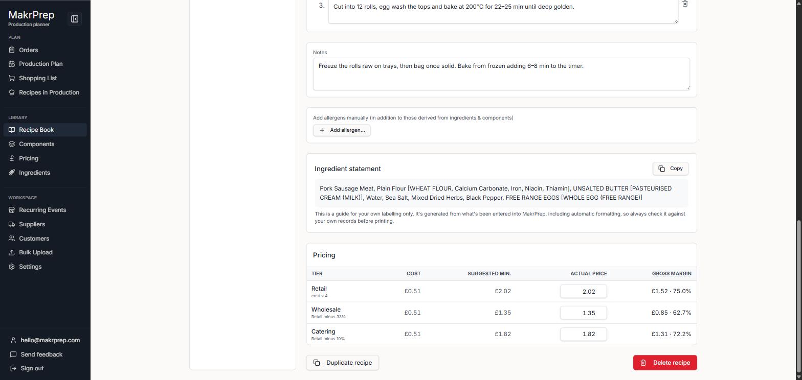 A recipe's Ingredient statement and its own Pricing table, with Duplicate/Delete recipe below