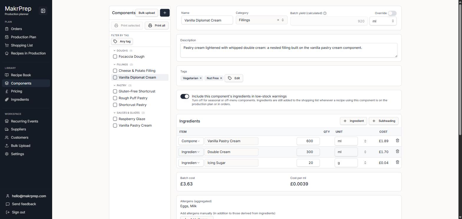 A component's editor (Vanilla Diplomat Cream), showing Batch yield, the low-stock toggle, a nested component line referencing Vanilla Pastry Cream, Batch cost/Cost per ml, and aggregated allergens