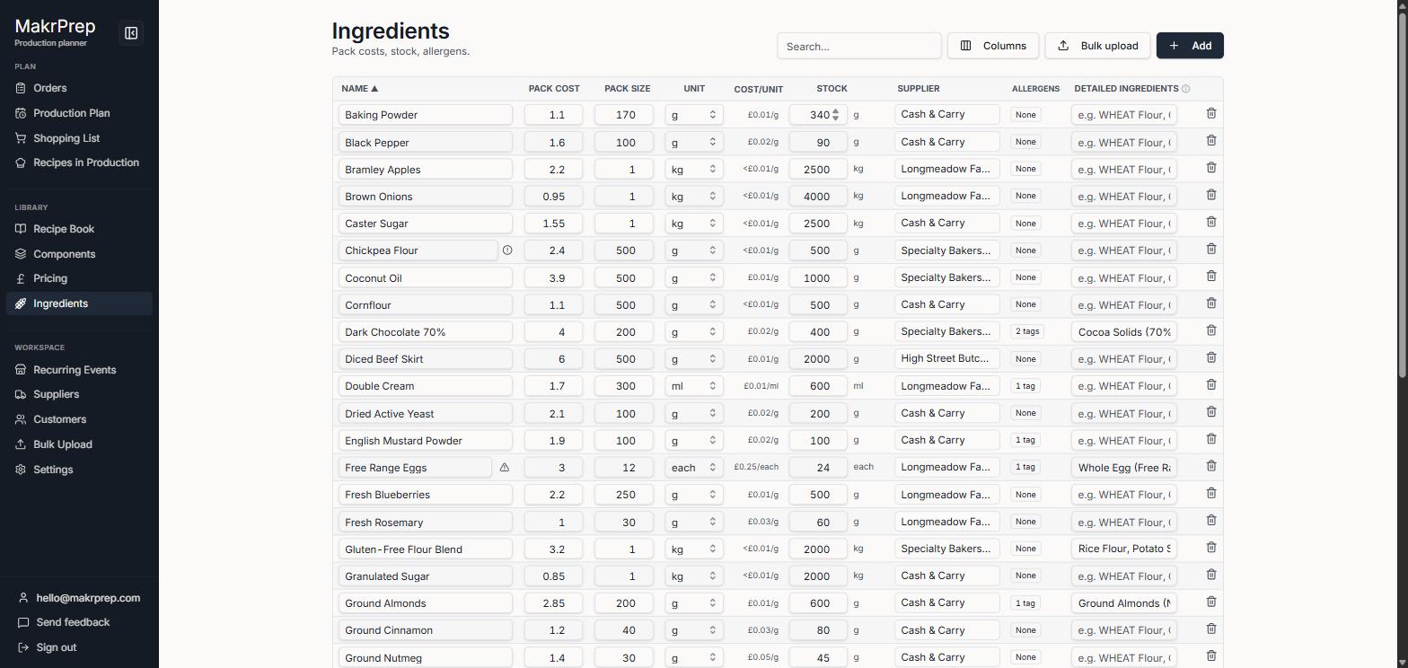 The Ingredients table with the Columns control, Search, Bulk upload, and Add